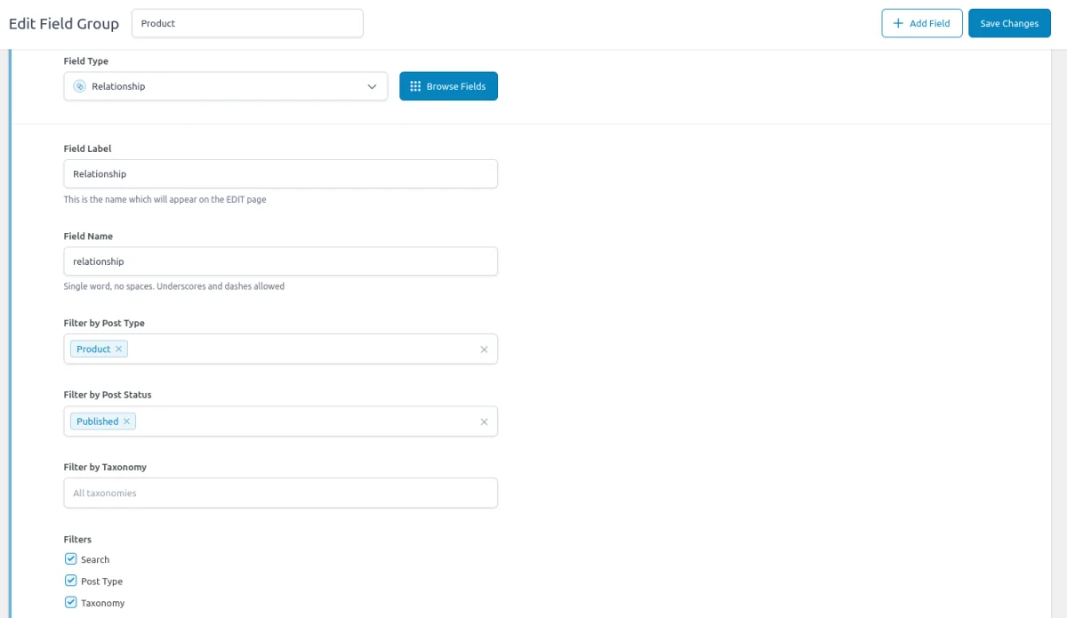 Field settings of the ACF Relationship field include Filters by Post Type, Post Status, and Taxonomy.