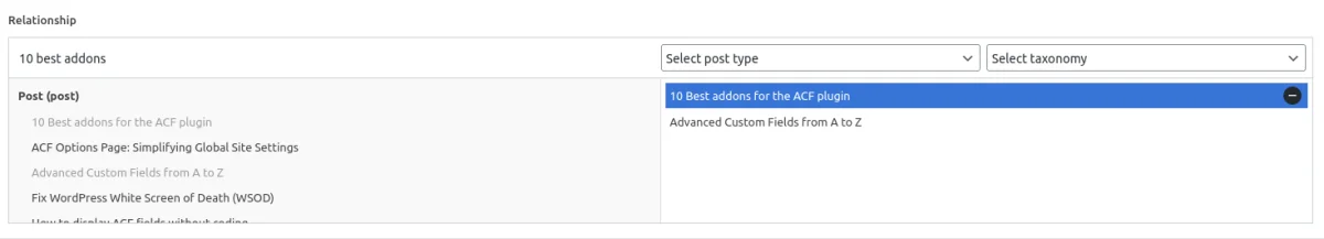 ACF Relationship field. Editors can easily find and attach the target posts using the search input and filters.
