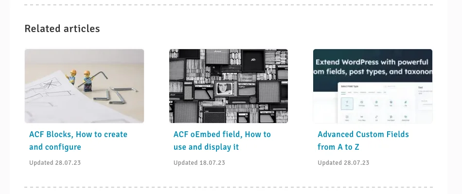 Example of displaying the Relationship field using ACF Views Pro. The plugin allows the creation of custom layouts. Choose the target post and meta fields, and the plugin will automatically display them.