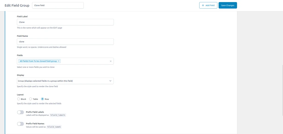 ACF clone field settings