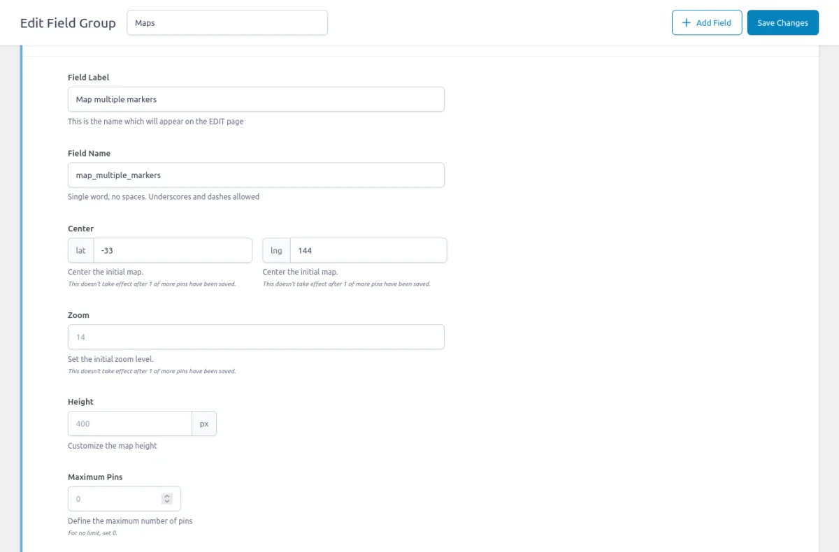 ACF Multiple Google Map Markers field settings