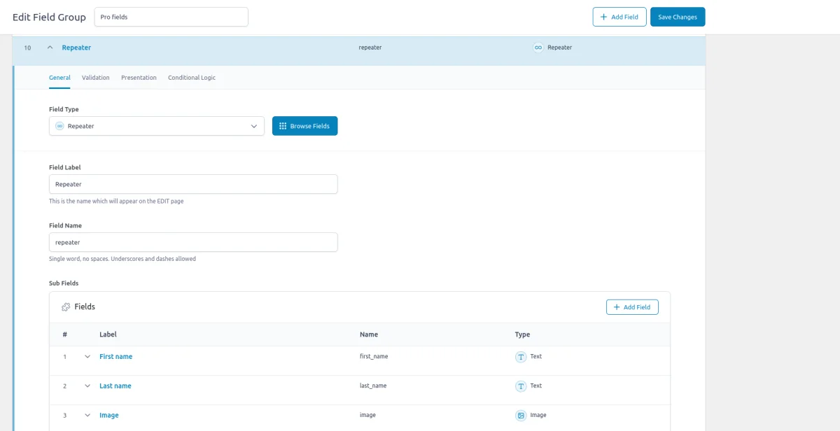 ACF Repeater allows you to define a repeatable set of various field types.