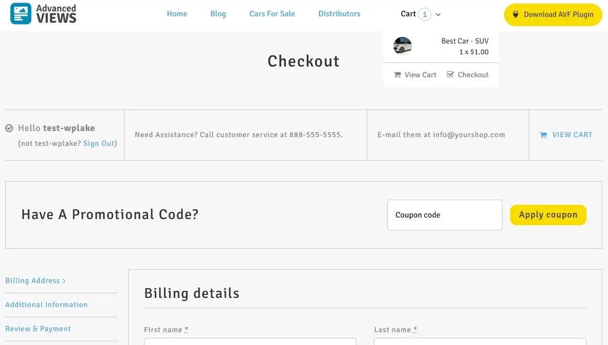 cart menu with counter