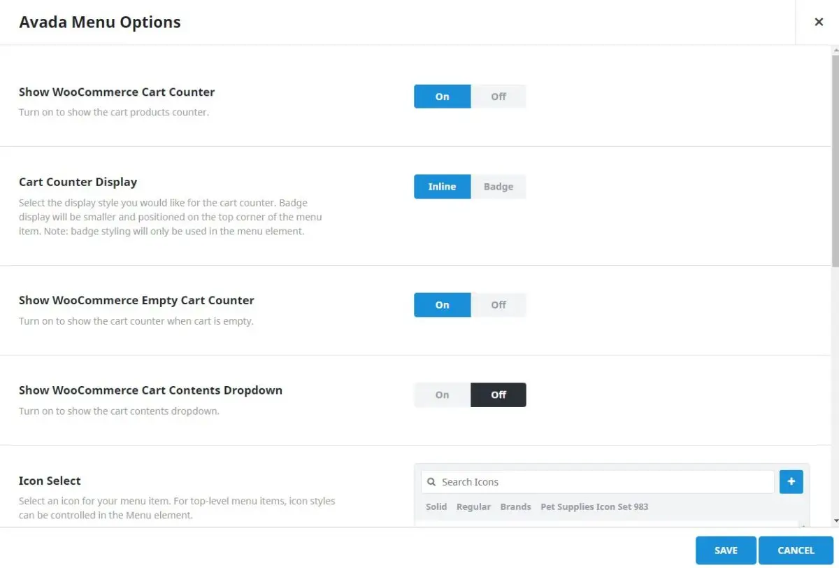 avada cart menu options