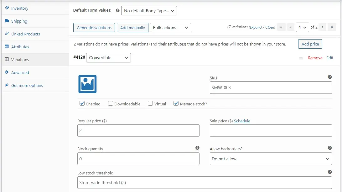 manage stock for product variations