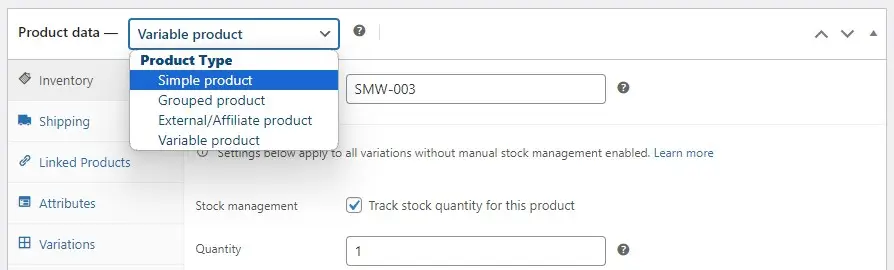 product types have different stock management settings