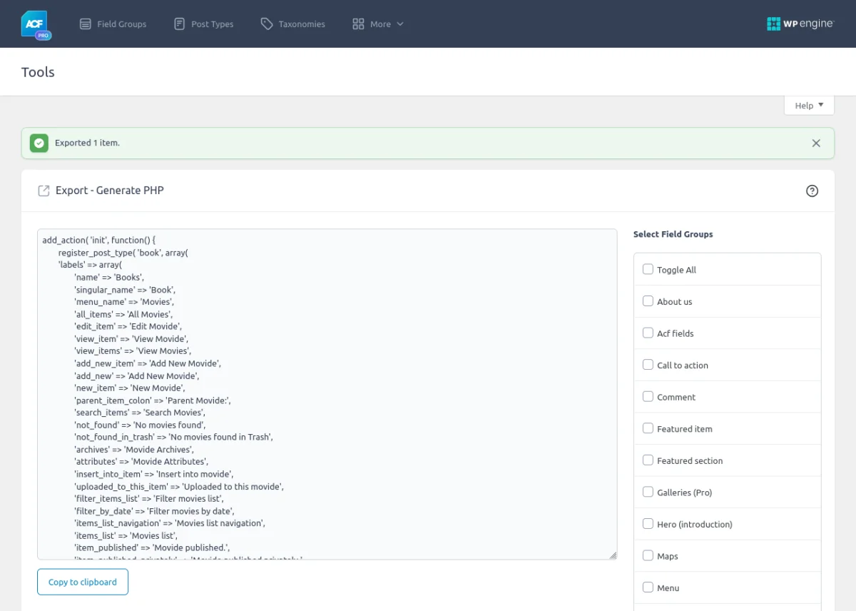 ACF allows to export of registered CPTs as pure code snippets, that work independently