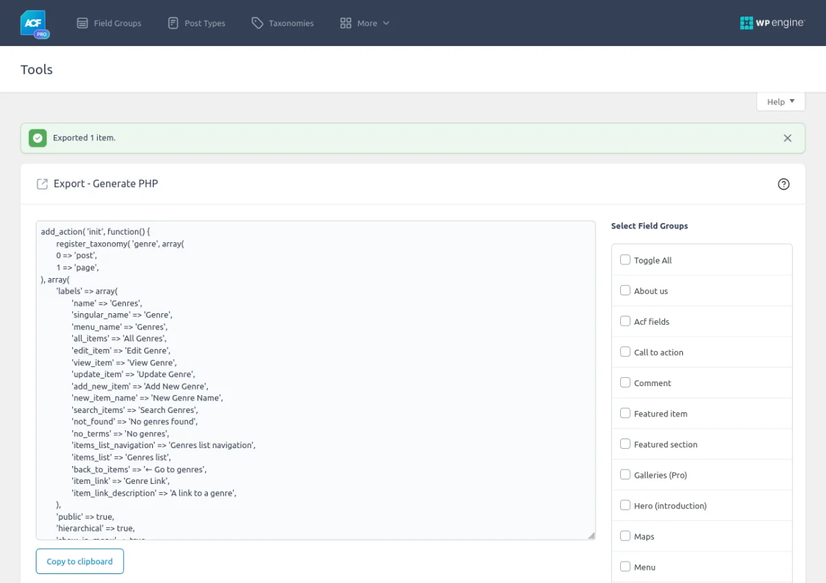 ACF allows to export of registered Taxonomies as pure code snippets, that work independently.