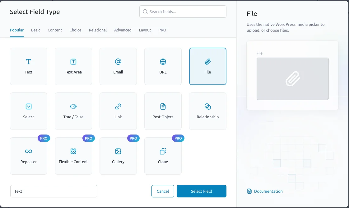 ACF's Field Type Selector lets you easily explore the extensive range of available field options.