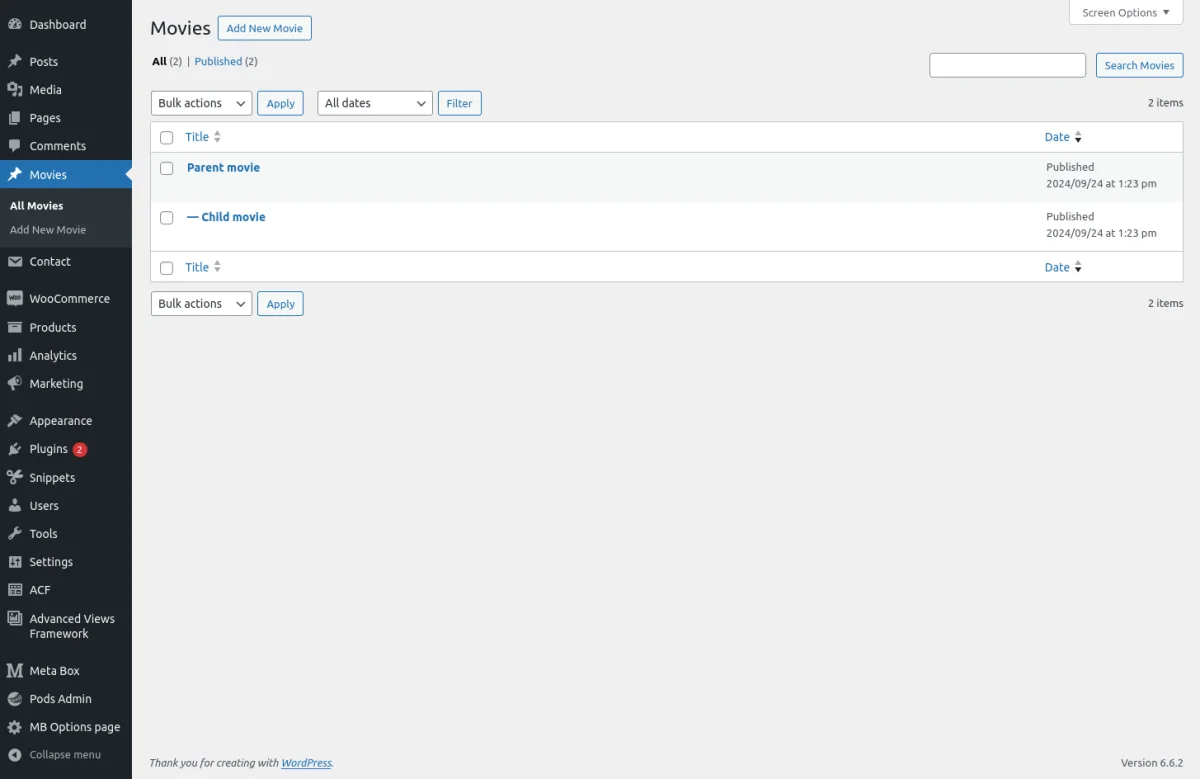 WordPress Hierarchical CPT table