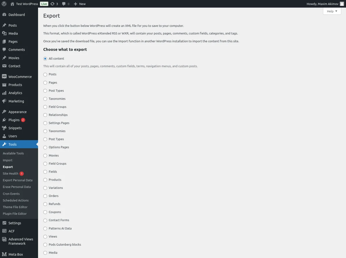 WordPress export tool