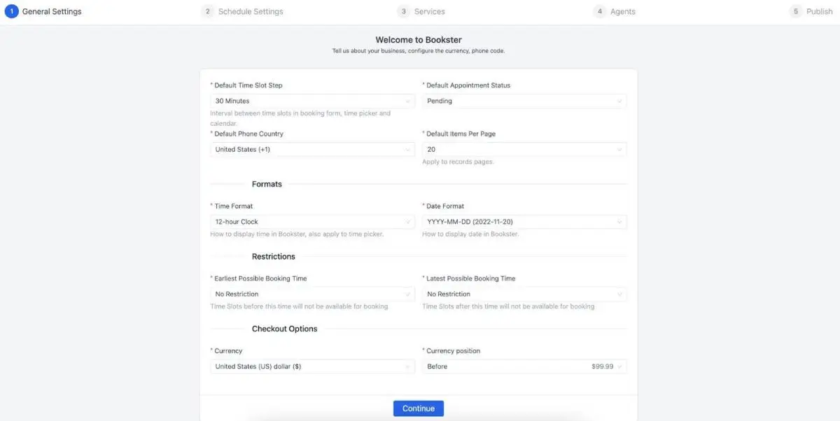 WPBookster general settings