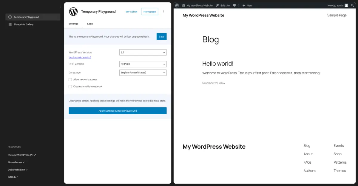 WordPress playground manager